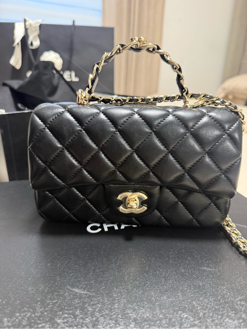 CHANEL Black Quilted Leather Shoulder Bag with Gold Hardware